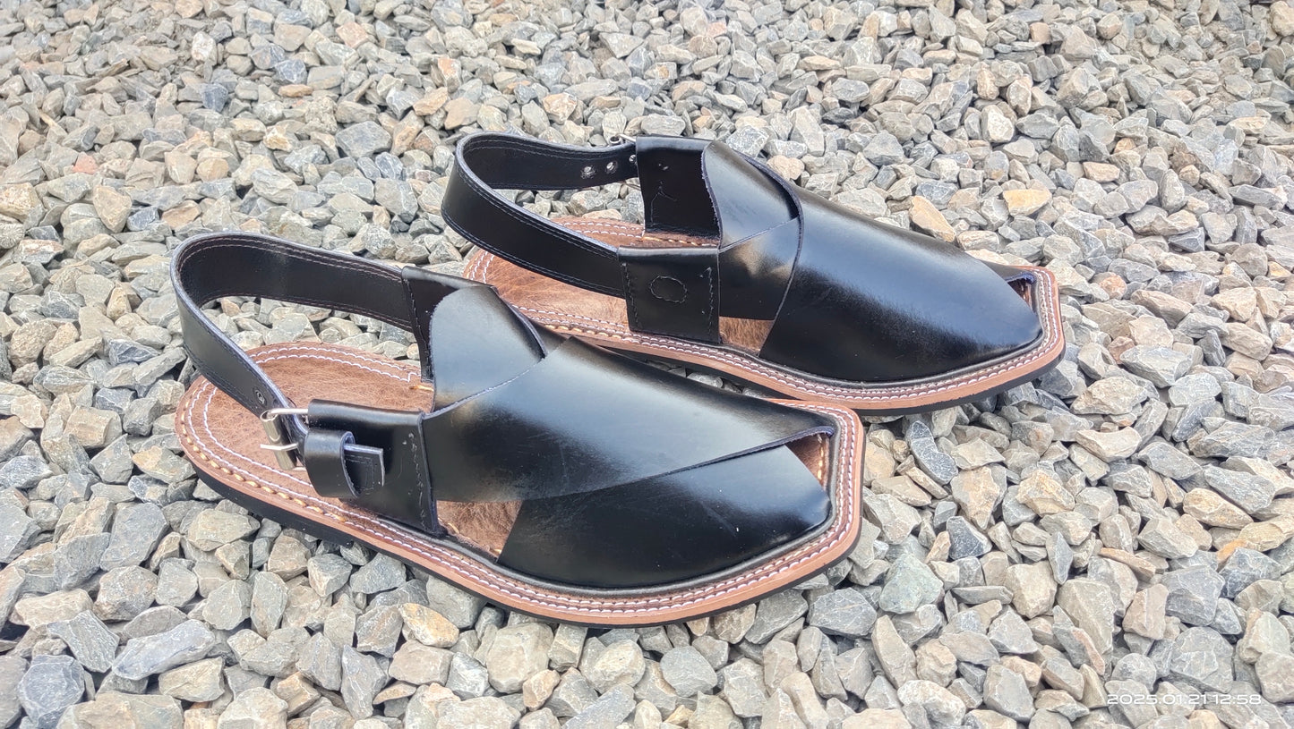 Charsada Chappal / Sandal – Gents – Genuine Leather – Black – Leather Insole – Thin Tyre sole – Rg 301