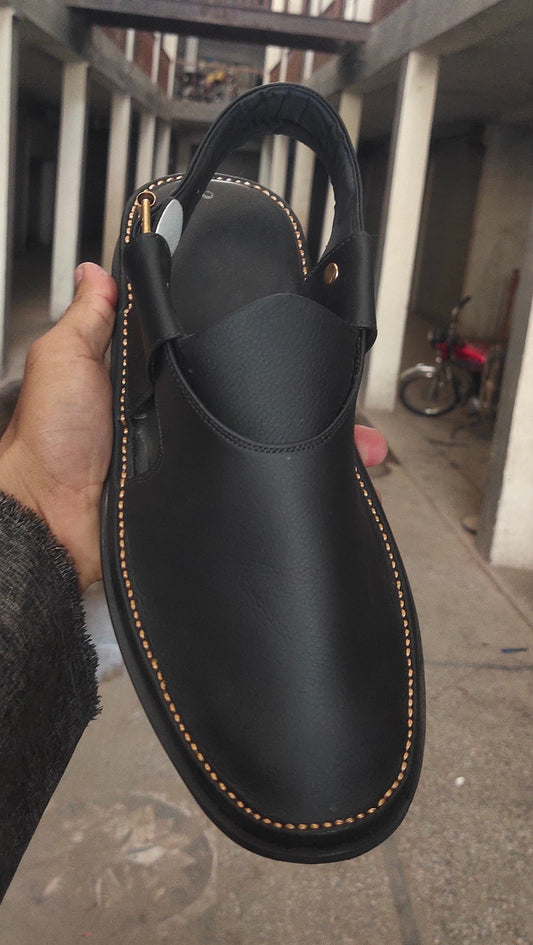 Peshawari Shoes In genuine Leather Black Tyre Sole