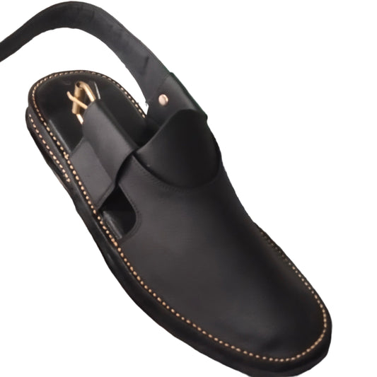 Peshawari Shoes In genuine Leather Black Tyre  Sole