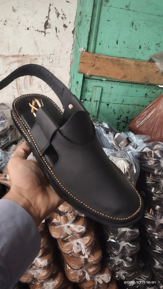 Peshawari Shoes In genuine Leather Black Tyre  Sole
